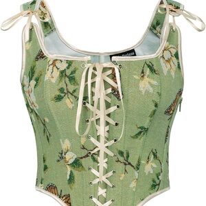 Scarlet Darkness Green Floral Tie-Front Boned Bustier Corset Top